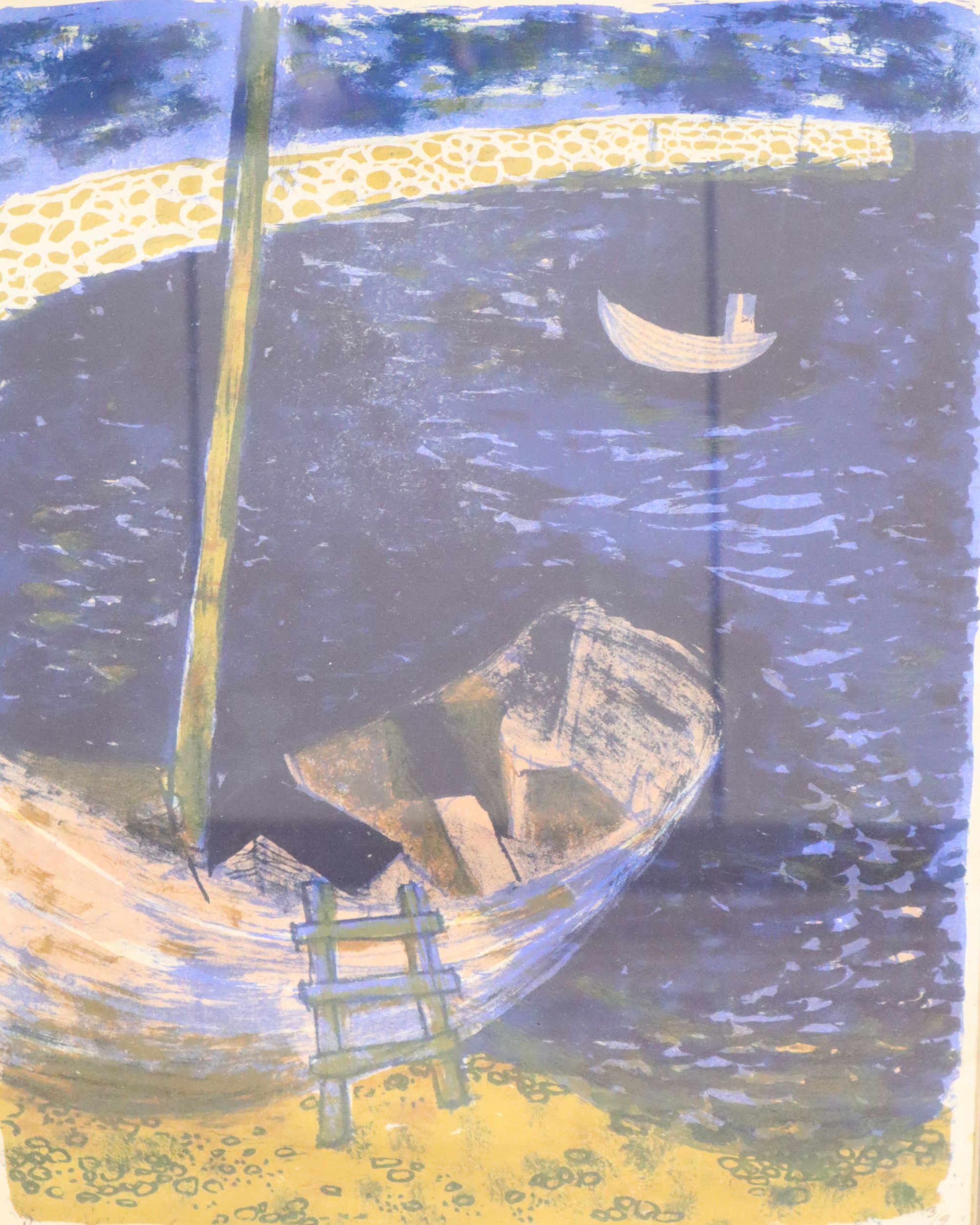 Kenneth Townsend, linocut, Red boats, signed, dated 59 and numbered 3/9, 41 x 33cm